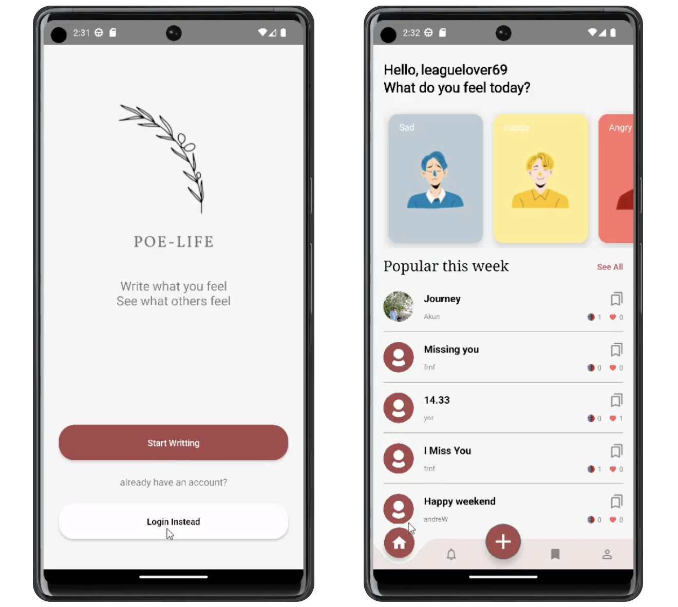 Screenshots of Poe-life's introduction page (left) and home page (right)